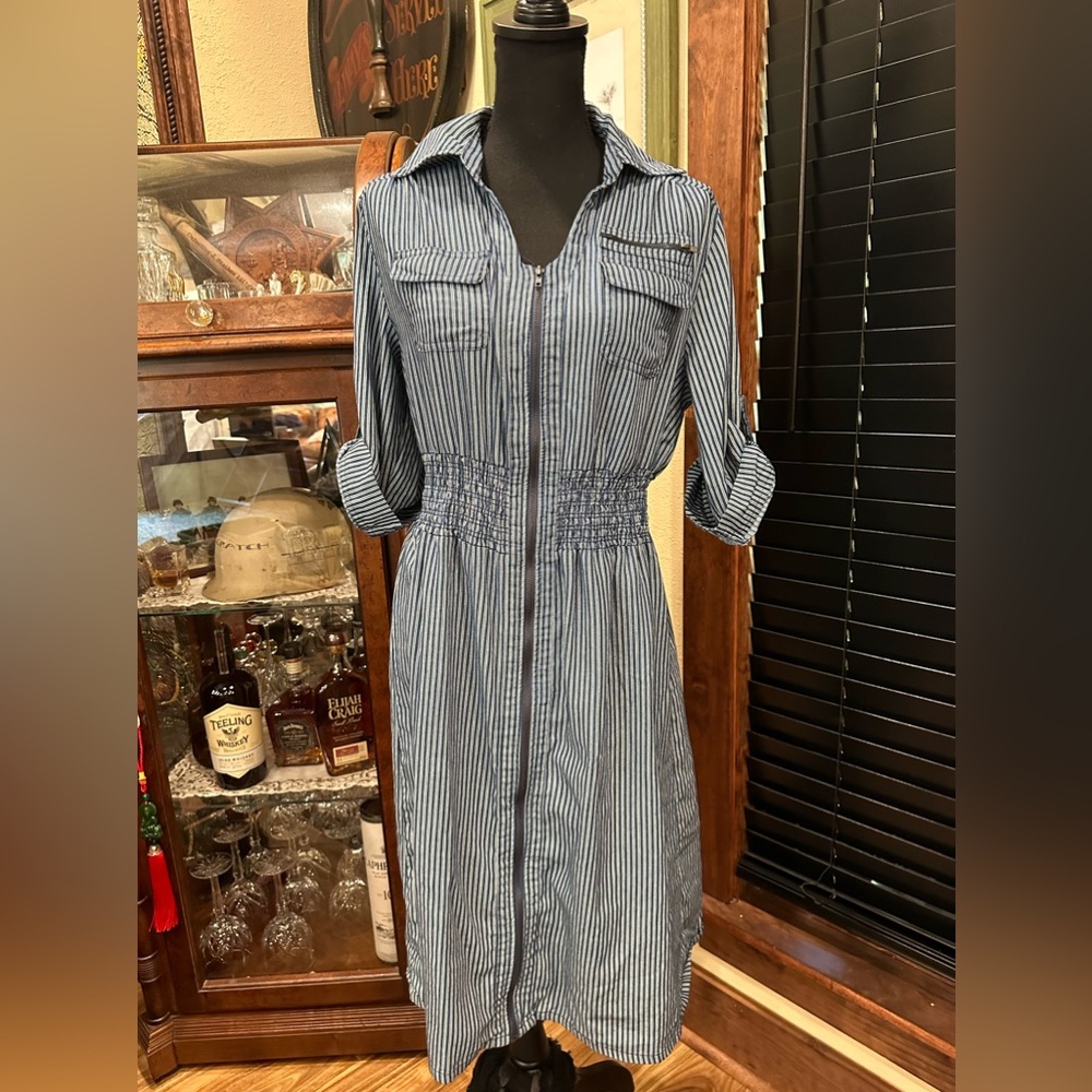 Blue and White Buttoned Tie Front Midi Dress